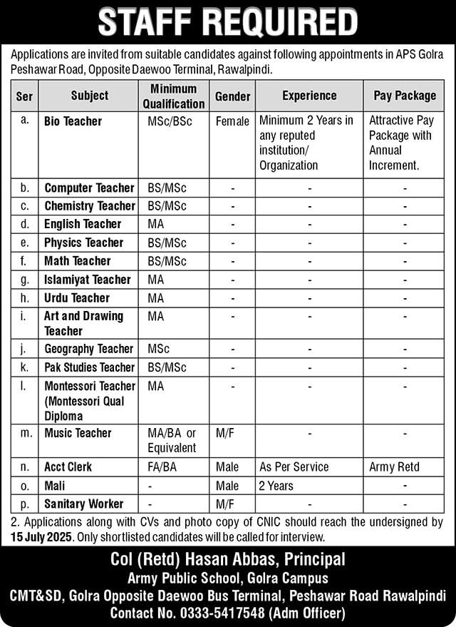 Army Public School GLD Campus Jobs 2025 – Teaching and Admin Positions Announced