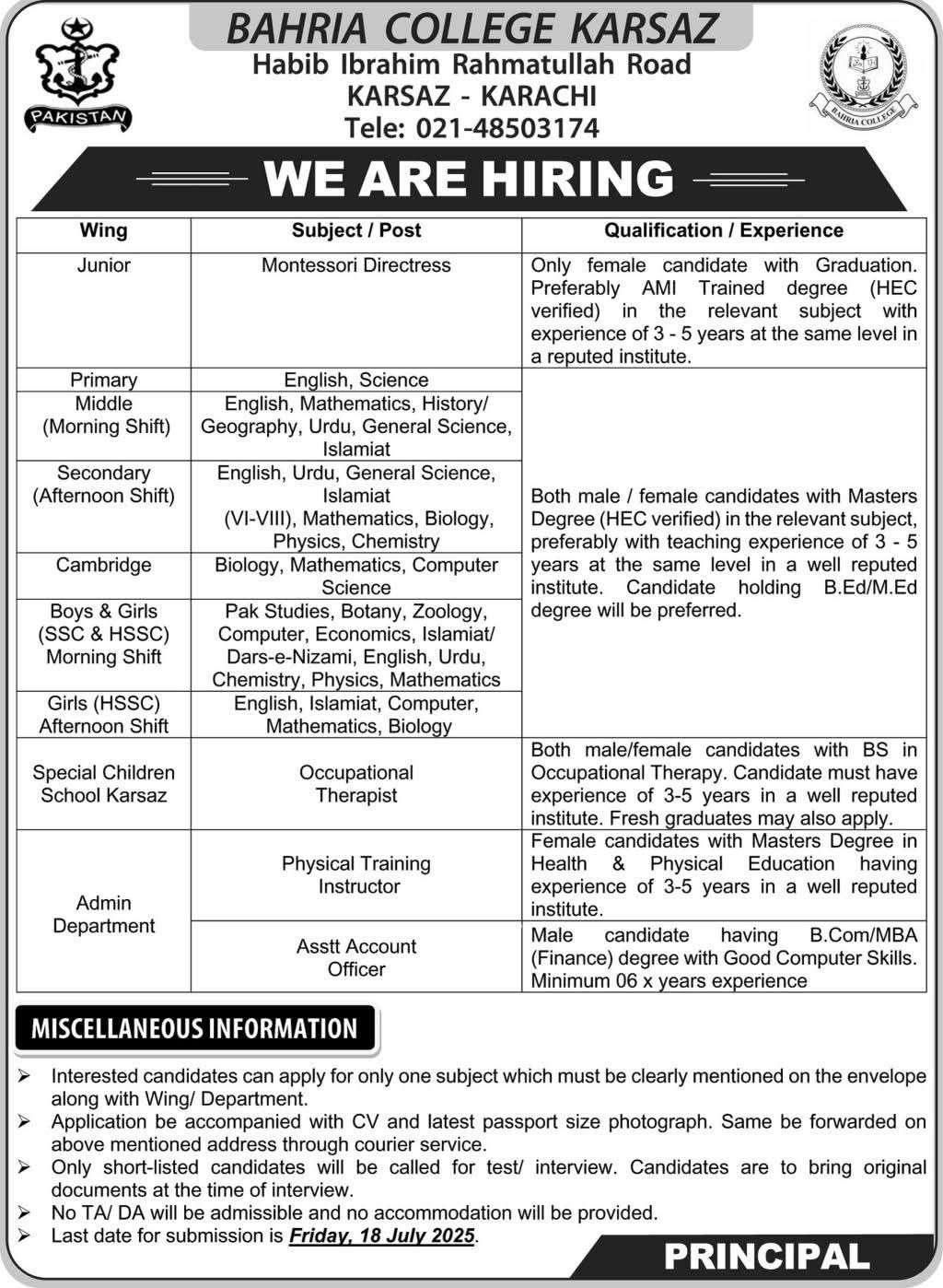 Bahria College Teaching Jobs 2025 – Apply Online for Multiple Positions Across Subjects