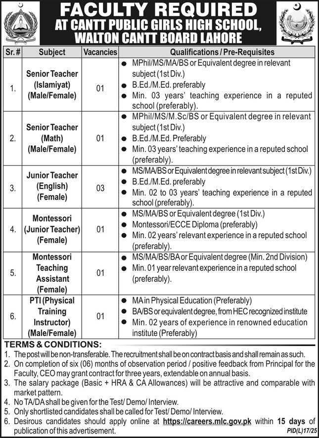Cantt Public High School & College Jobs 2025 for Female Teachers – Full Advertisement Details, Application Process, and Eligibility Criteria
