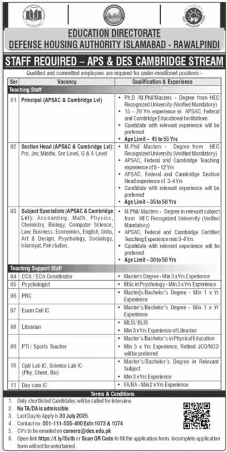 APS Army Public School Education Directorate DHA Jobs 2025 – Apply Now