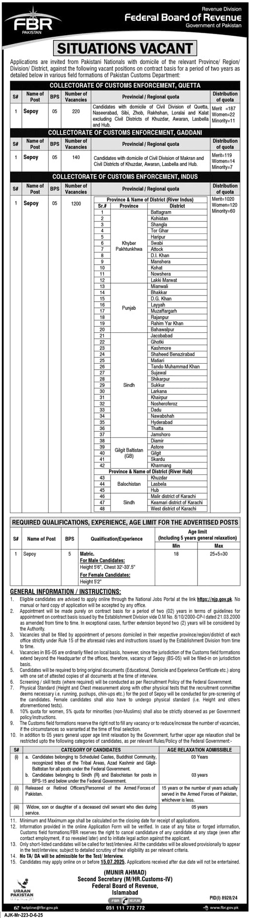 FBR Sepoy Jobs 2025 Advertisement – Online Apply for Males and Females