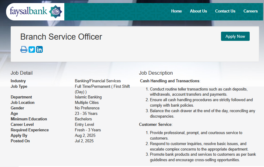 Faysal Bank Jobs 2025 for Branch Service Officers – Complete Guide for Applicants