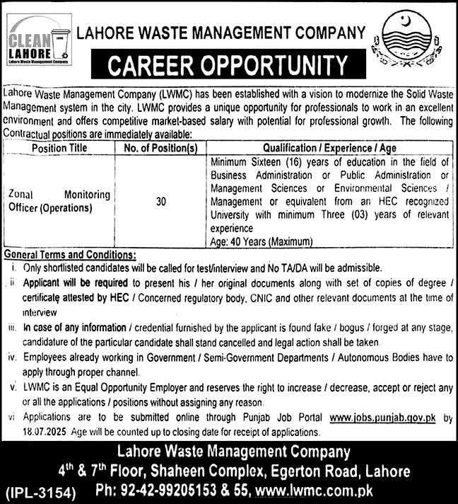 LWMC Jobs 2025: Latest Career Opportunities at Lahore Waste Management Company – Apply Online