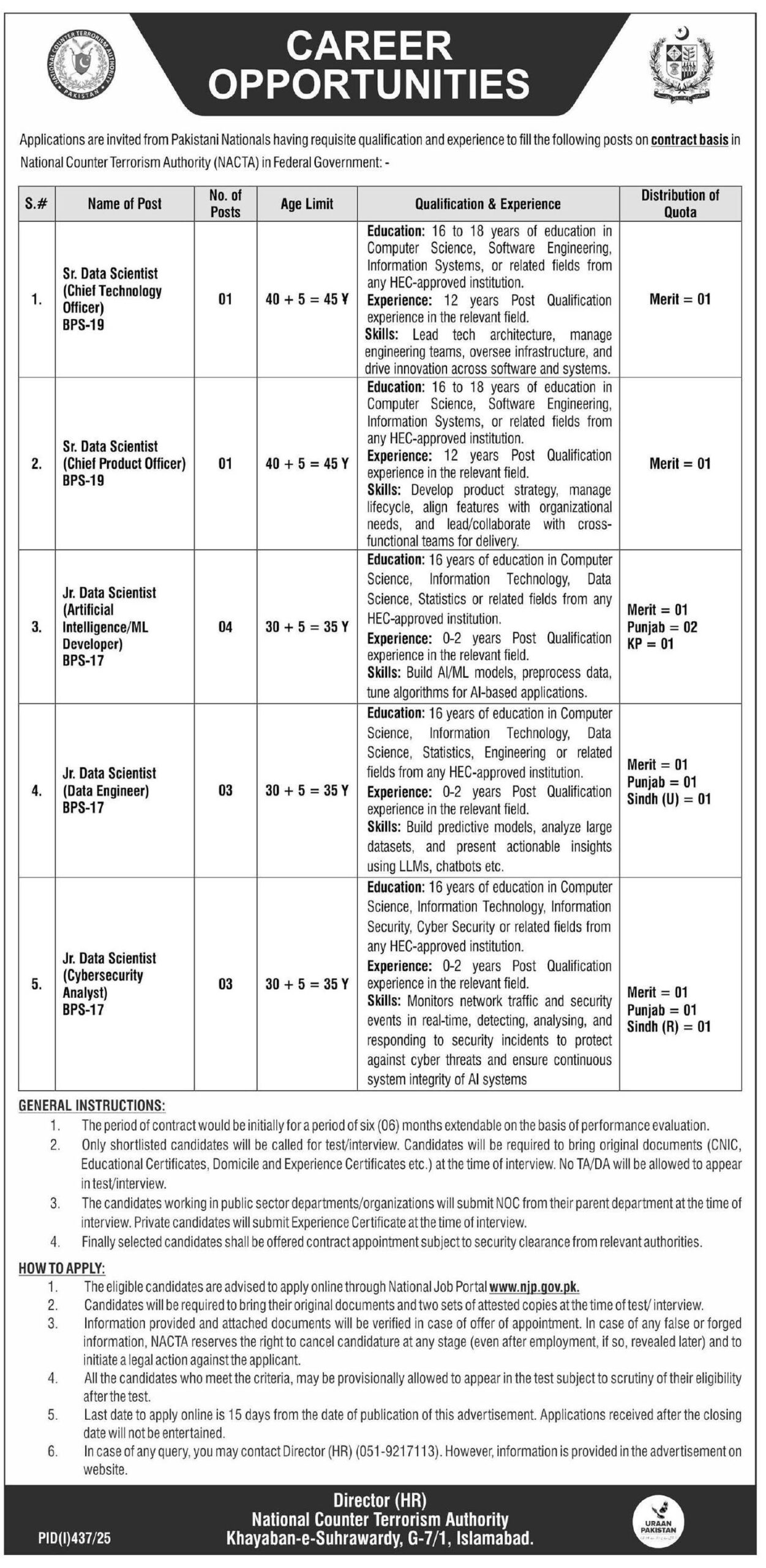 National Counter Terrorism Authority Jobs 2025 Advertisement – Apply Online Now