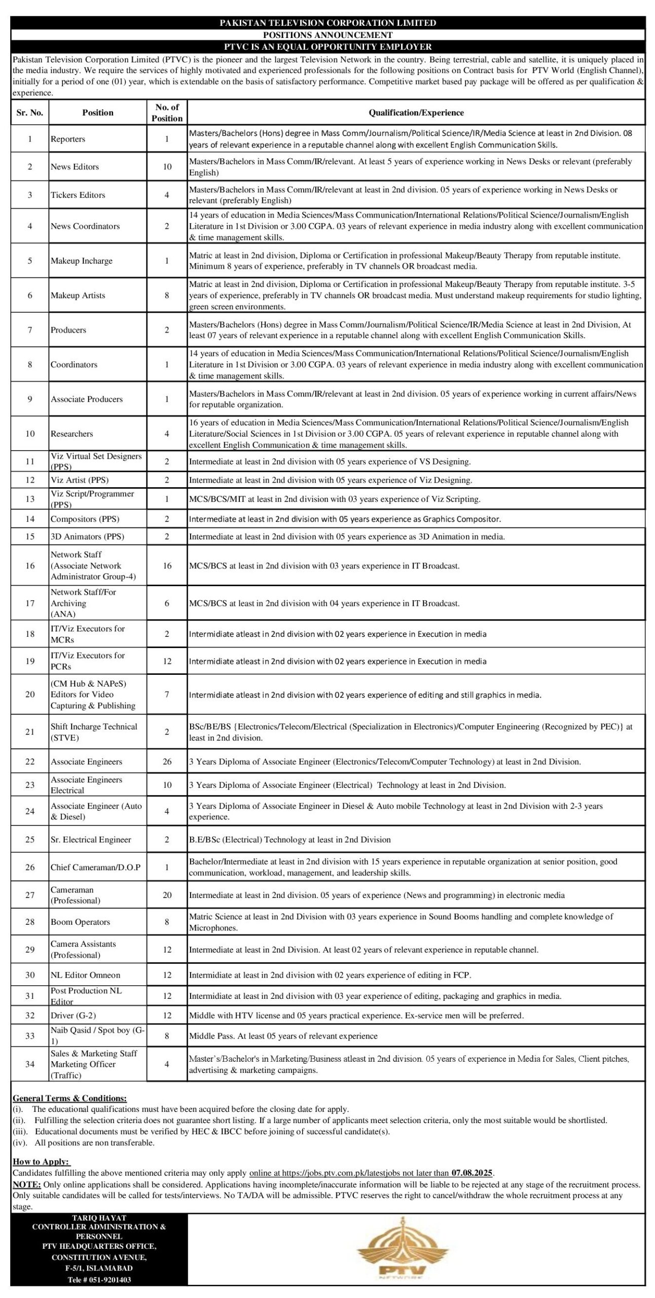 PTV Jobs 2025 Latest Advertisement – Apply Online Now at jobs.ptv.com.pk