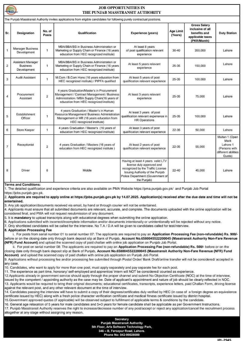 Punjab Masstransit Authority Jobs 2025 – Apply Online for Multiple Government Vacancies