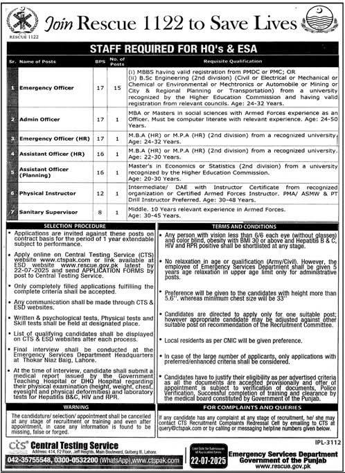 Rescue 1122 Jobs 2025 Advertisement – Apply Online Now for Multiple Government Vacancies in Punjab